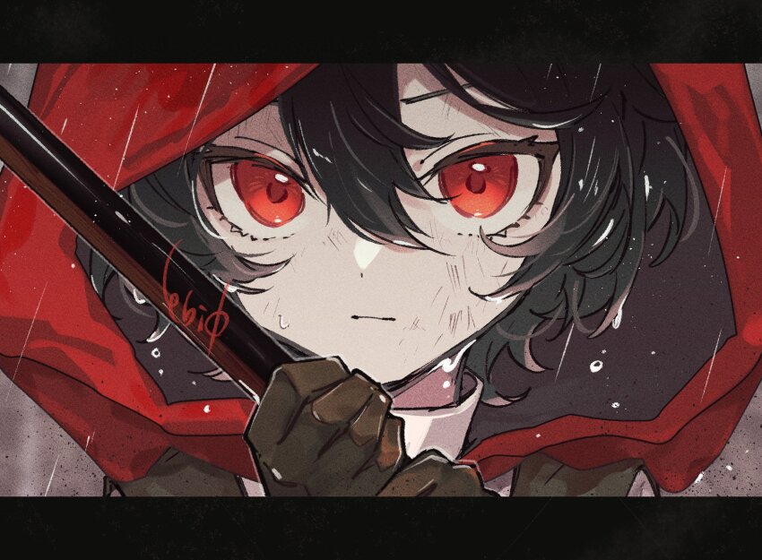 1girl, artist_name, black_gloves, black_hair, close-up, closed_mouth, ebi0_r, gloves, grey_background, hands_up, highres, holding, holding_weapon, looking_at_viewer, mondlicht_(reverse:1999), rain, red_eyes, red_hood, reverse:1999, short_hair, signature, solo, weapon