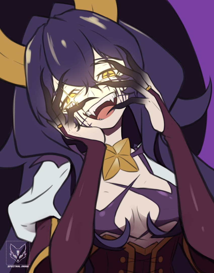 1girl, absurdres, ahoge, black_hair, breastless_clothes, breasts, bridal_gauntlets, corset, fangs, hands_on_own_face, highres, hiiragi_utena, horns, long_hair, looking_at_viewer, magia_baiser, magical_girl, mahou_shoujo_ni_akogarete, medium_breasts, open_mouth, pasties, shrug_(clothing), solo, sparkle, spectraldrawfox, symbol-shaped_pupils, yandere_trance, yellow_eyes, yellow_horns