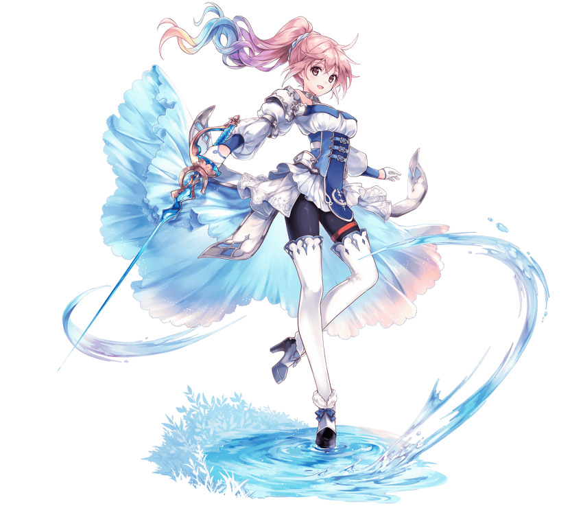 :d, arondight_(phantom_of_the_kill), black_footwear, black_pantyhose, blue_ribbon, boots, corset, full_body