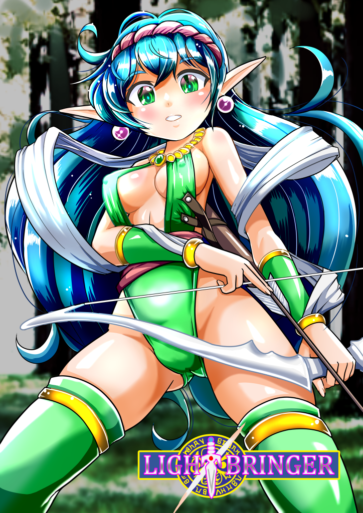 1girl, aqua_hair, arrow_(projectile), bare_shoulders, bow_(weapon), breasts, cisty, copyright_name
