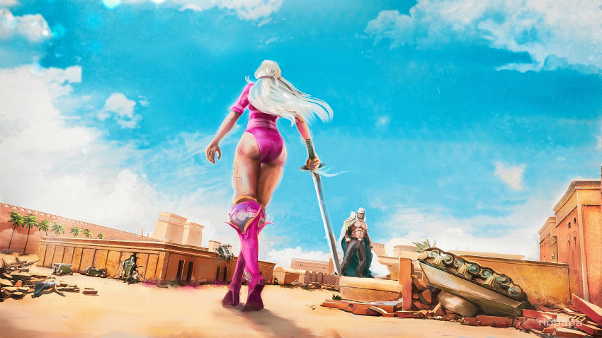 1boy, 1girl, artist_name, ass, battle, blue_sky, cannon, charlotte_smoothie, cloud, commentary, destroyed, destruction, english_commentary, fighting, flower_tattoo, giant, giantess, hair_flowing_over, highres, holding, holding_sword, holding_weapon, leg_tattoo, leotard, long_hair, looking_at_another, marine_(one_piece), military_uniform, military_vehicle, motor_vehicle, naval_jacket, naval_uniform, one_piece, pink_leotard, riopapa, scenery, sky, sword, tank, tattoo, weapon, white_hair, wreckage