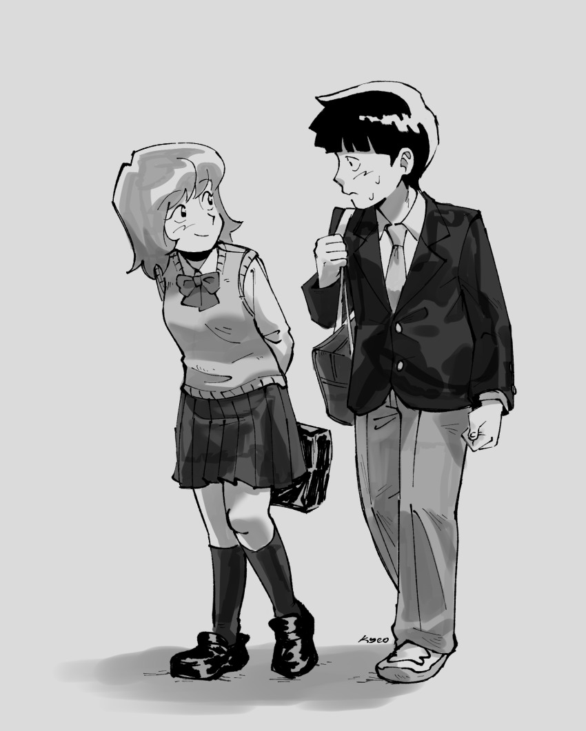 1boy, 1girl, bag, commentary, emi_(mob_psycho_100), frown, fukami_emi, greyscale