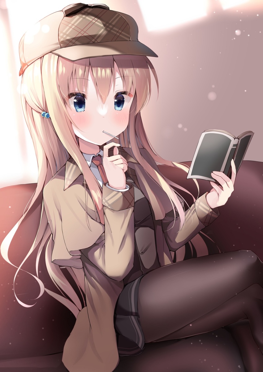 1girl, black_pantyhose, black_skirt, blonde_hair, blue_eyes, blush, book, brown_coat
