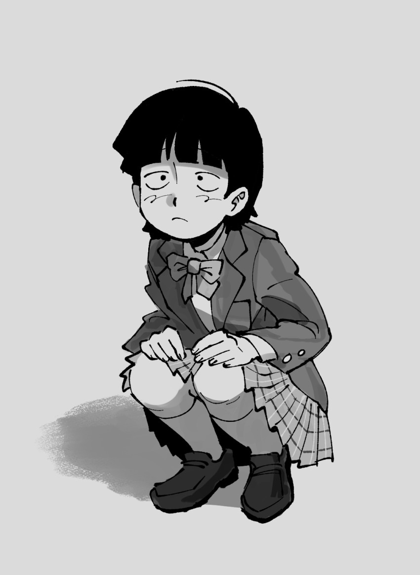 1girl, blazer, bootie, borrowed_design, commentary, frown, full_body, genderswap