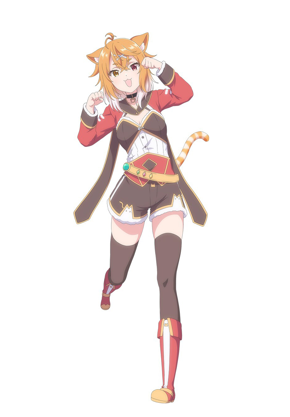1girl, animal_ears, belt, blush, boots, breasts, bright_pupils, cat_ears, cat_girl, cat_tail, collar, corset, female_focus, foot_up, hair_between_eyes, hair_ornament, hairclip, hands_up, happy, heterochromia, highres, hirune_nekoma, jacket, multicolored_eyes, neck_bell, open_mouth, orange_hair, short_hair, shorts, smile, socks, tail, vtuber_nandaga_haishin_kiriwasuretara_densetsu_ni_natteta, white_background