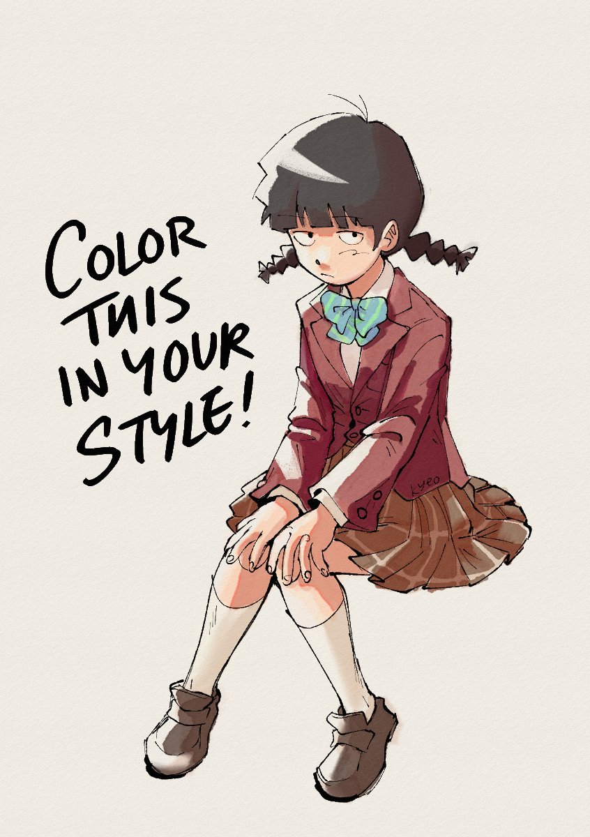 1girl, black_eyes, black_hair, bow, bowtie, braid, brown_shoes, charcoyours