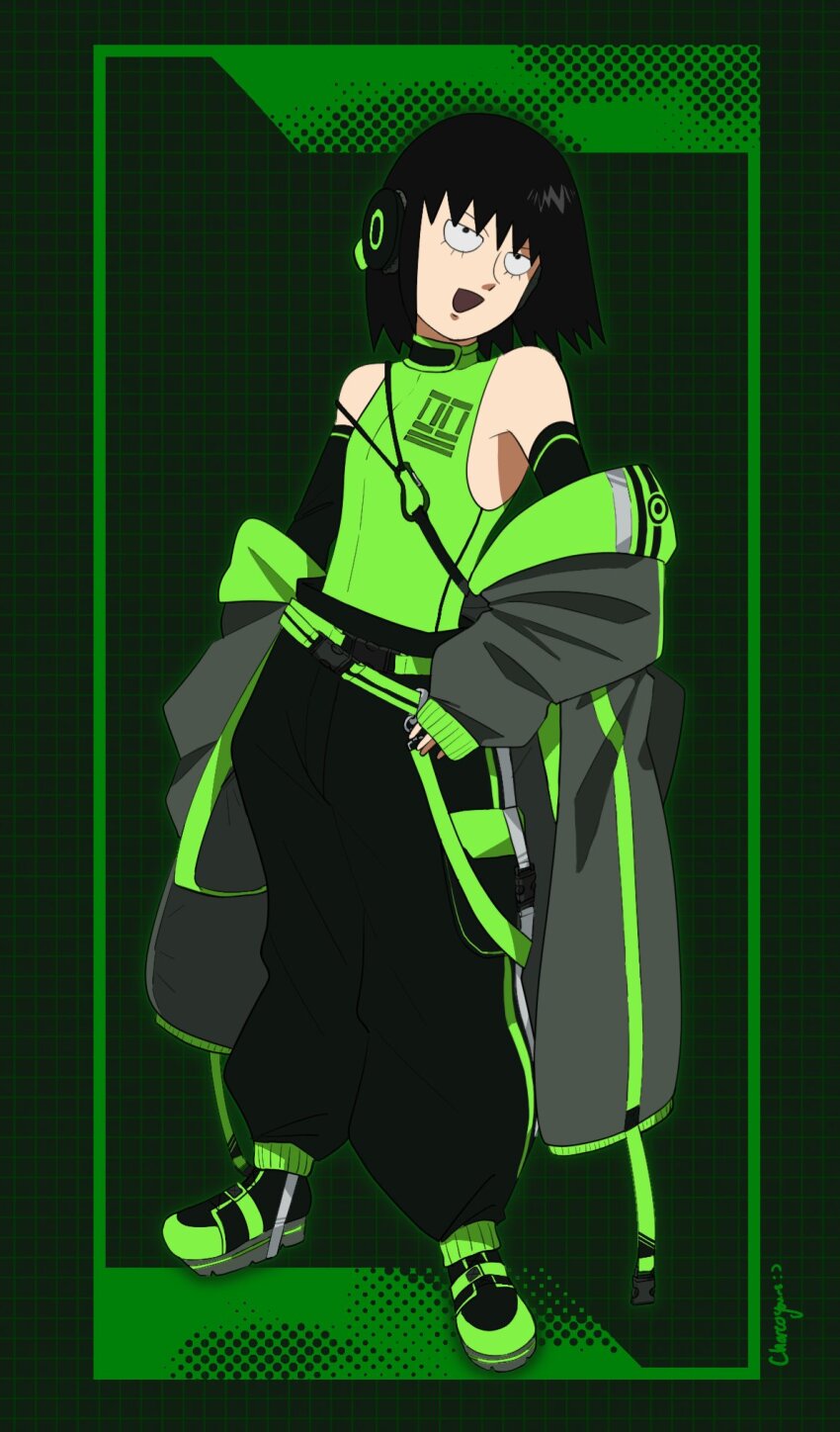 1girl, baggy_pants, black_hair, black_pants, charcoyours, commentary, english_commentary, flat_chest, full_body, green_shoes, grey_hair, headphones, highres, kurata_tome, mob_psycho_100, off_shoulder, official_style, open_mouth, pants, shirt, shoes, signature, sleeveless, sleeveless_shirt, solo