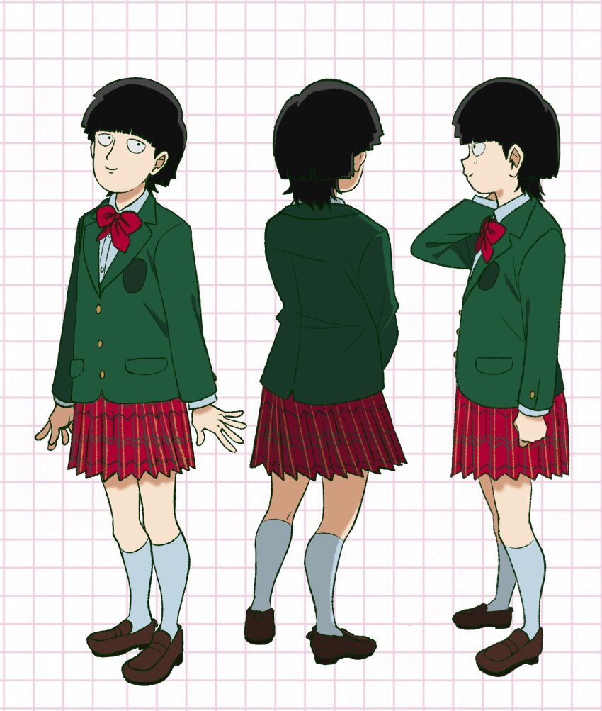 1girl, black_hair, bow, bowtie, reference_sheet, charcoyours, commentary, genderswap