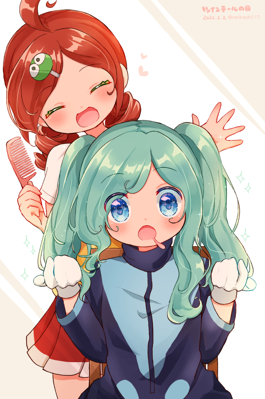 1boy, 1girl, :d, :o, ahoge, alternate_hairstyle, andou_ringo, aqua_hair