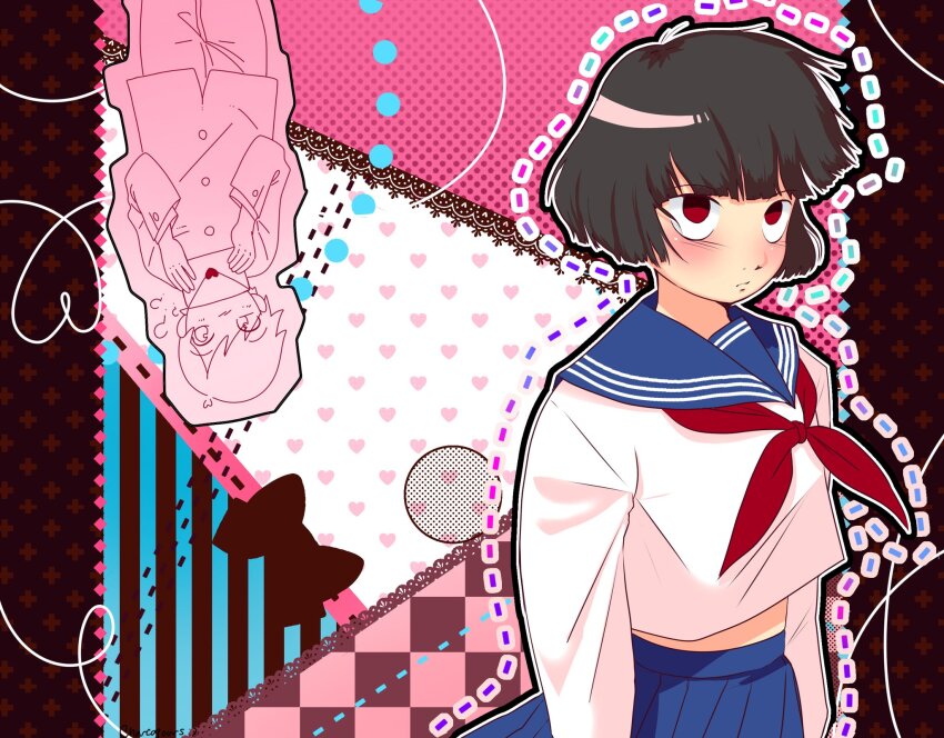 1boy, 1girl, ?, black_hair, bob_cut, charcoyours, commentary, emi_(mob_psycho_100)