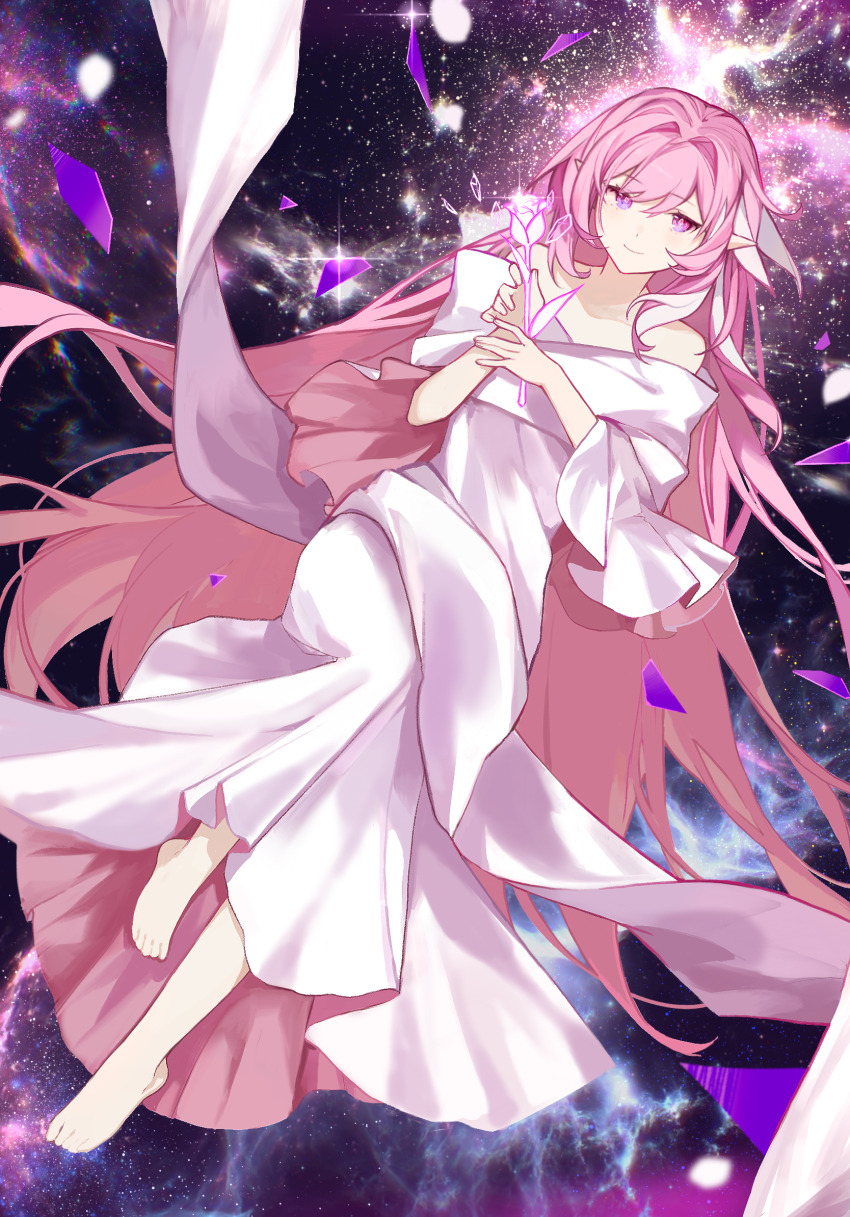 1girl, annnnq, bare_shoulders, barefoot, crystal_shards, dress, elf, elysia_(herrscher_of_human:_ego)_(honkai_impact)