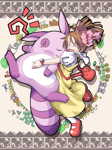 1girl, :d, ^_^, acorn, ankle_socks, bag, bamboo, bamboo_shoot, bird, blush, boar, border, bow, bridge, brown_hair, bug, butterfly, closed_eyes, commentary_request, copocola_(creature), cowlick, creature, double-parted_bangs, dress, fish, flower, full_body, fushigi_na_mori_no_pokora, hair_bow, happy, hug, insect, jizou, kitsune_nakata_taruto, komainu, mary_janes, natsumi_(fushigi_na_mori_no_pokora), one_eye_closed, open_mouth, ornate_border, outside_border, pink_bow, pokora_(creature), postbox_(outgoing_mail), puffy_short_sleeves, puffy_sleeves, raccoon_tail, red_bag, red_footwear, scarecrow, second-party_source, shoes, short_sleeves, short_twintails, shoulder_bag, smile, socks, sunflower, tail, torii, tree, twintails, water, water_pump, waterfall, white_socks, wristwear, yellow_dress