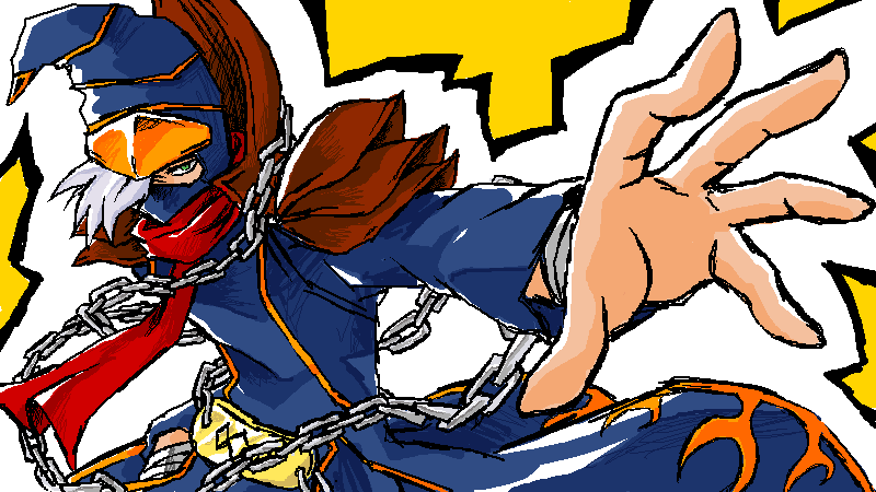 1boy, blue_hat, blue_robe, chain, duel_monster, facing_to_the_side, flame_print, food_print, fruit_print, gagaga_magician, green_eyes, hair_over_one_eye, handa_(sion621), hat, looking_at_viewer, open_hand, orange_print, outstretched_arm, red_scarf, robe, scarf, shoulder_pads, white_background, white_hair, wizard_hat, wristband, yu-gi-oh!, yu-gi-oh!_zexal