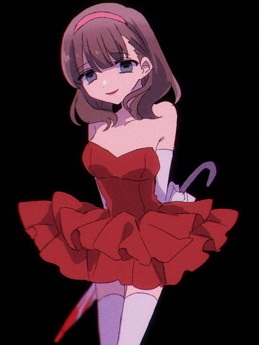 1girl, bare_shoulders, black_background, breasts, brown_hair, commentary_request, cosplay, dress