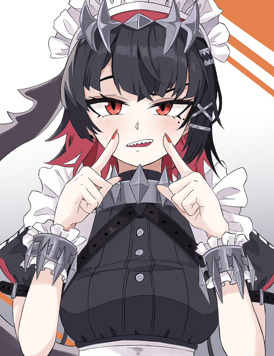 1girl, black_dress, black_hair, bracelet, breasts, colored_inner_hair, dress, ebponpoa13, ellen_joe, hair_ornament, hairclip, harness, highres, index_fingers_raised, jewelry, maid, maid_headdress, medium_hair, mole, mole_under_eye, multicolored_hair, red_eyes, red_hair, short_sleeves, simple_background, solo, upper_body, wrist_cuffs, zenless_zone_zero