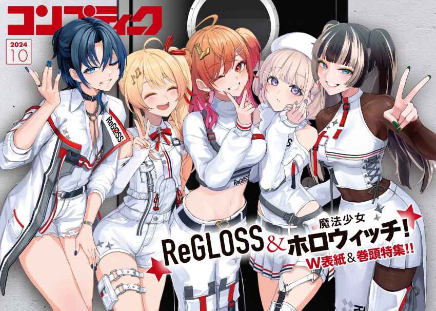 5girls, :d, ^_^, absurdres, bare_shoulders, beret, black_hair, blonde_hair