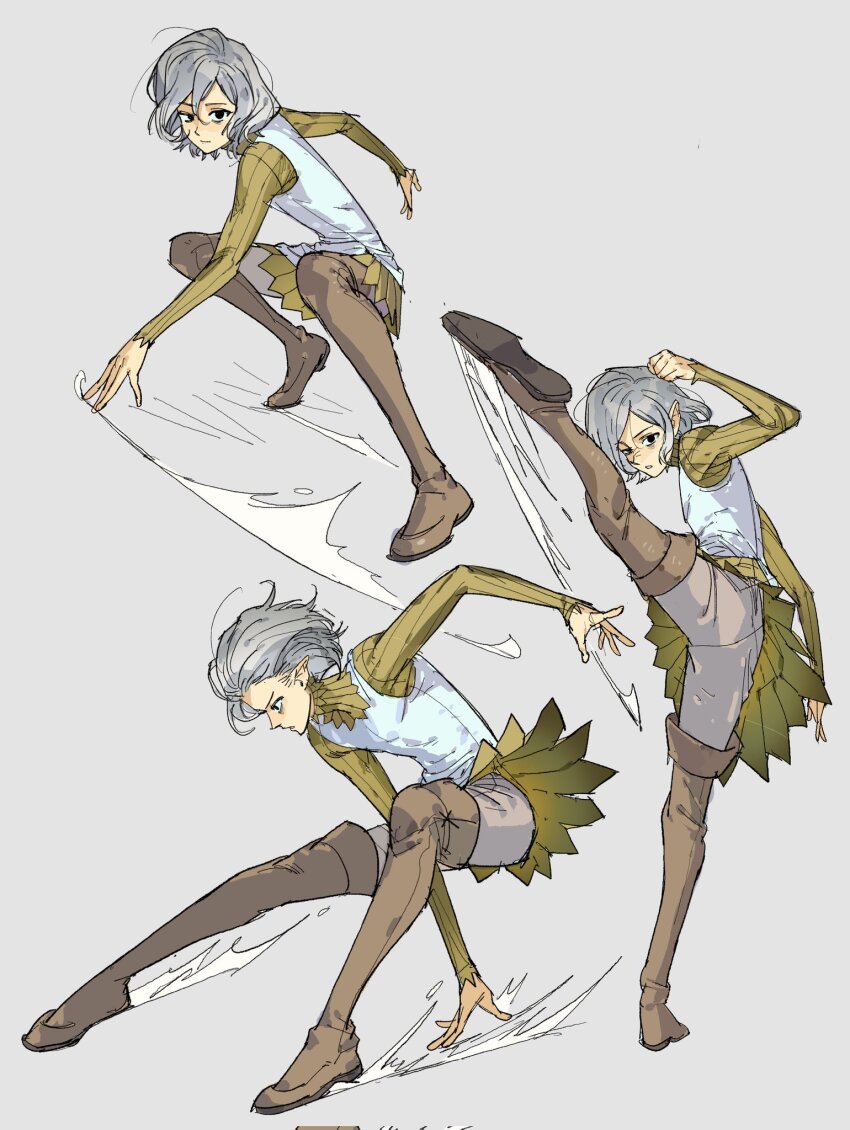 1boy, boots, dungeon_meshi, dynamic_pose, gorget, grey_hair, highres, long_sleeves