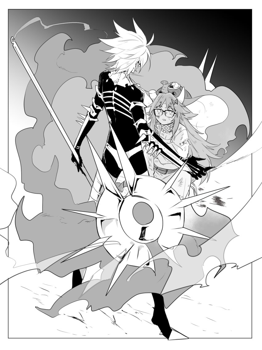 1boy, 1girl, absurdres, blood, collar, dirty, elbow_spikes, elephant_hat