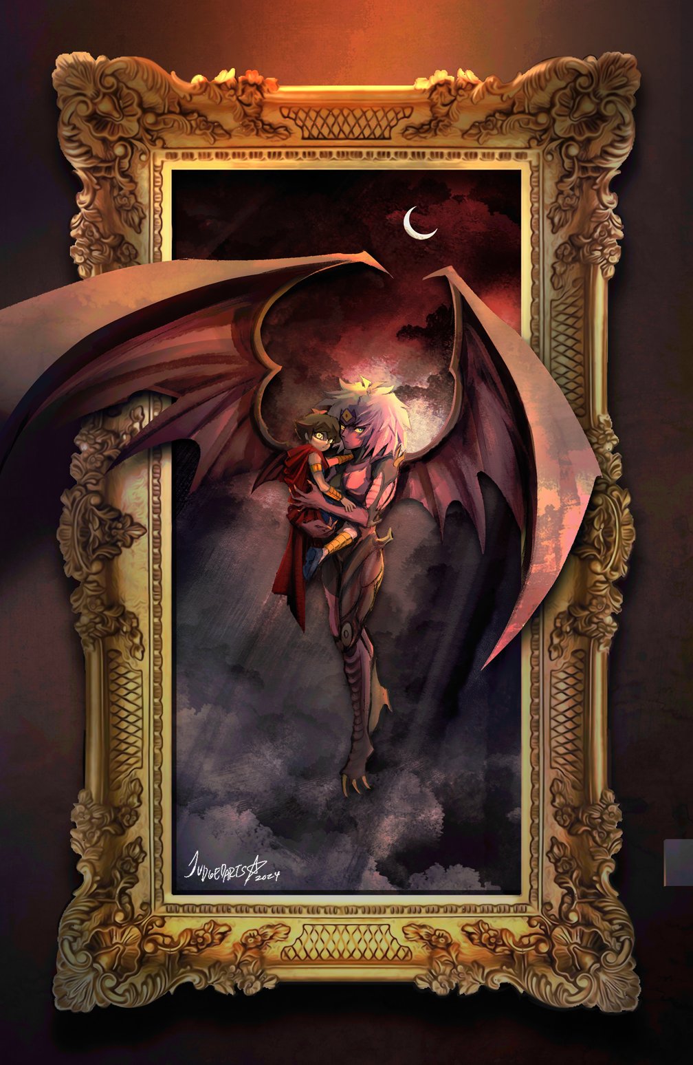 1boy, 1other, artist_name, brown_eyes, cape, colored_sclera, colored_skin, crescent_moon