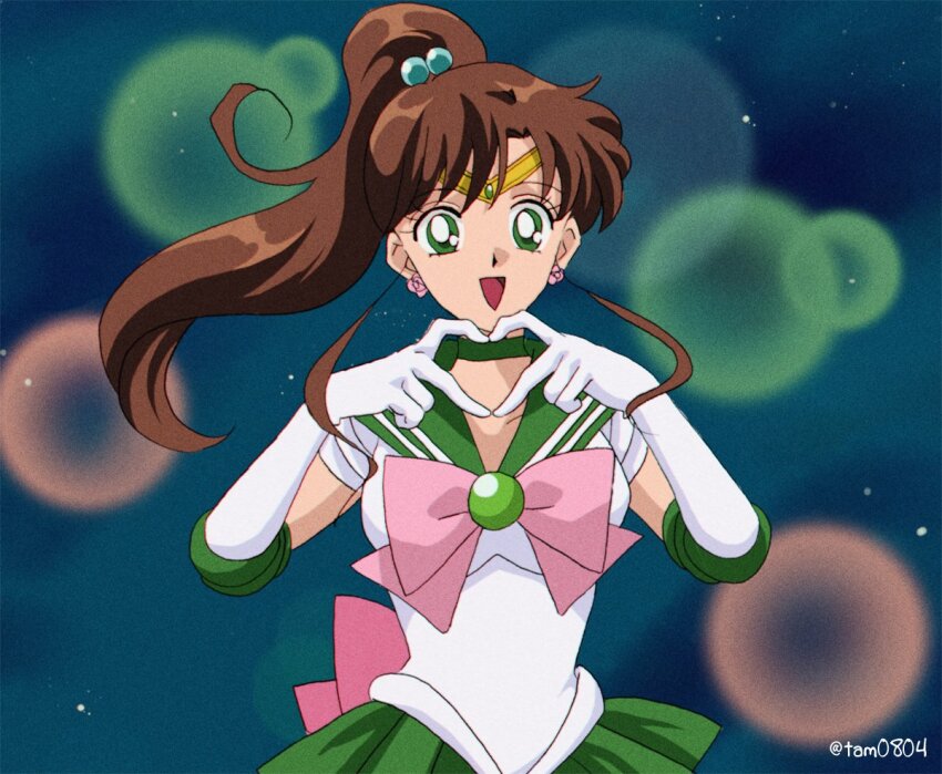 1girl, bishoujo_senshi_sailor_moon, breasts, brown_hair, commentary, earrings, flower_earrings, gloves