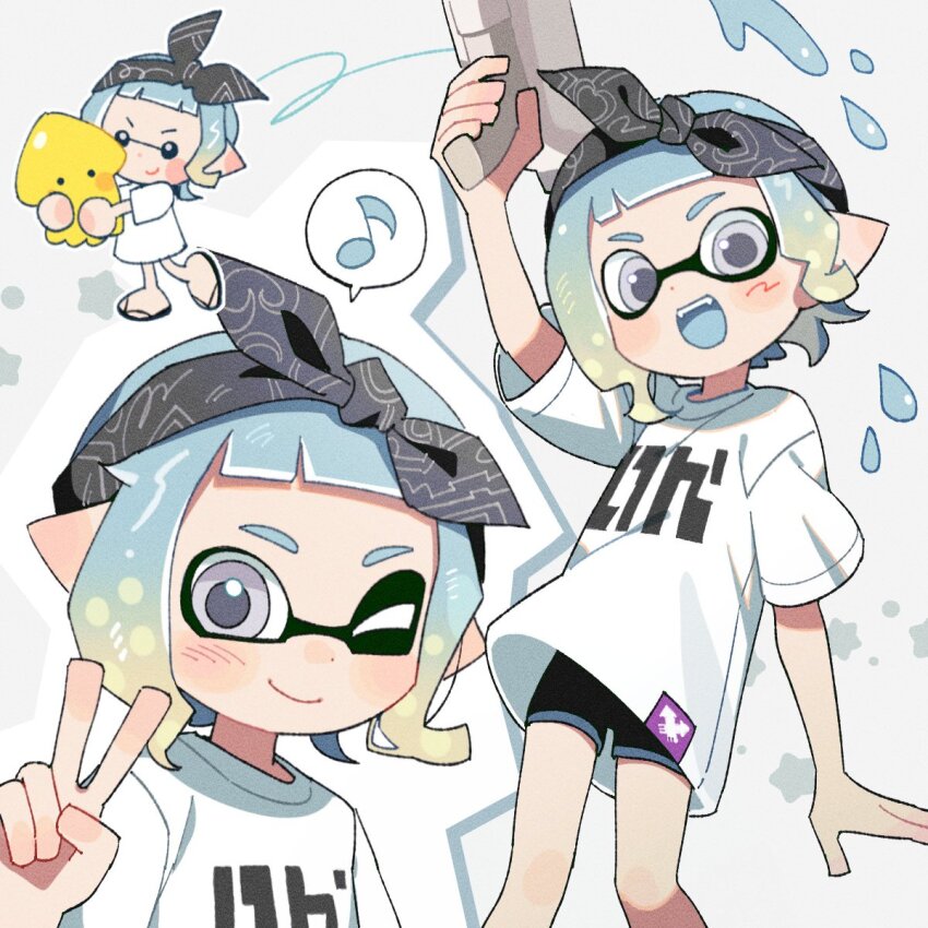 1girl, arm_up, bandana, black_bandana, black_shorts, blue_hair, blue_tongue, chibi