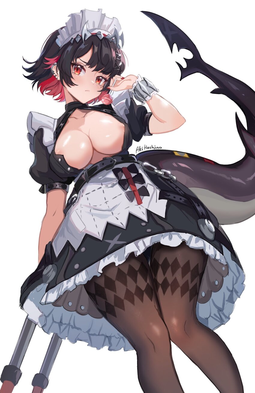 1girl, aki_hoshino, black_pantyhose, breasts, candy, ellen_joe, fins, fish_tail