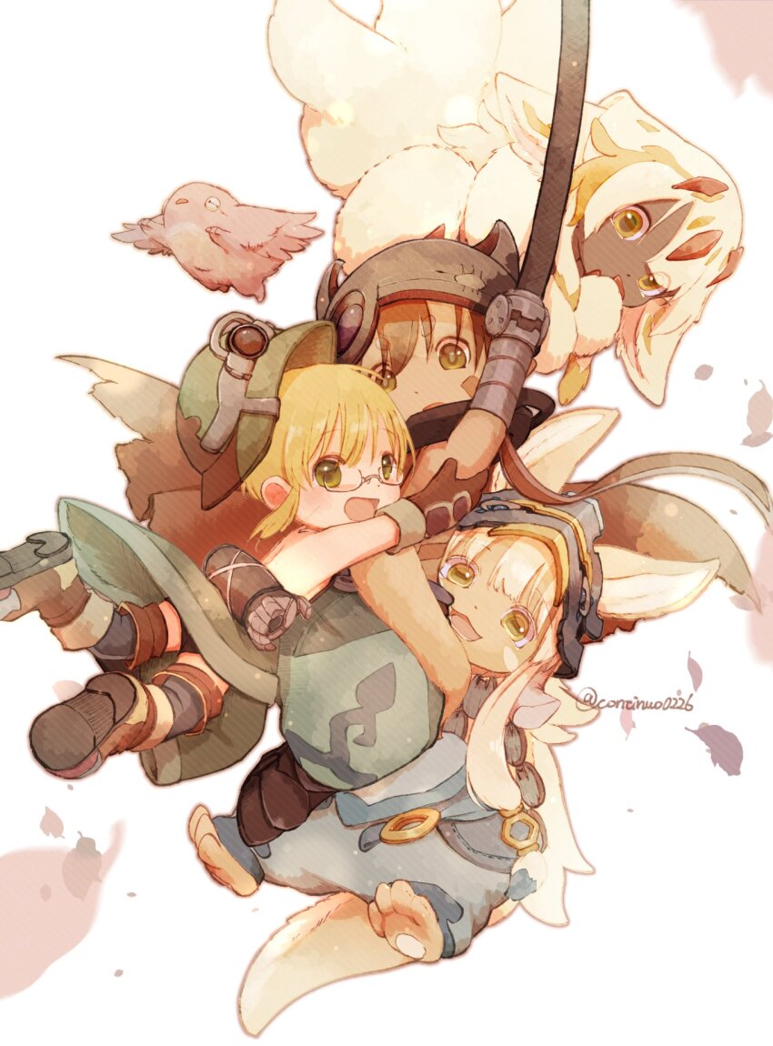 1boy, 1other, 2girls, animal_ears, blonde_hair, blue_helmet, blue_pants, boots