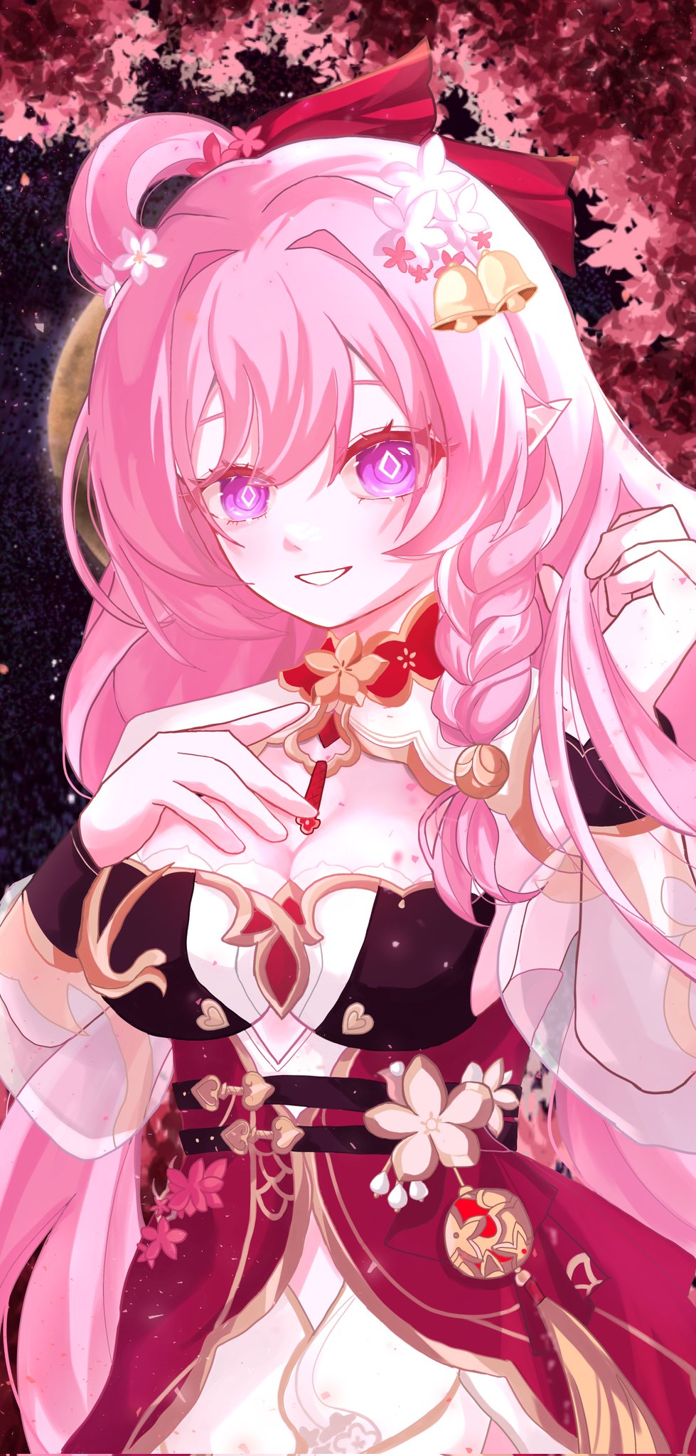 1girl, bell, braid, breasts, cherry_blossoms, chinese_clothes, cleavage, corrupted_twitter_file