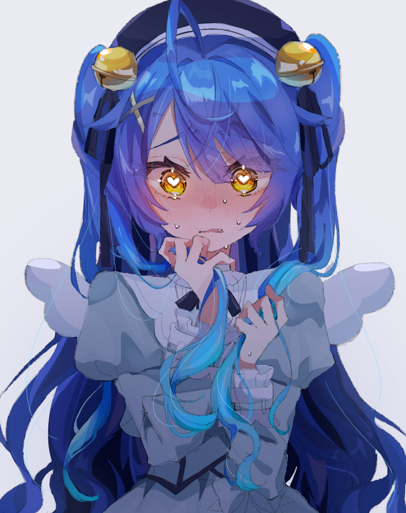 1girl, ahoge, amamiya_kokoro, amamiya_kokoro_(1st_costume), bell, beret, blue_hair, blush