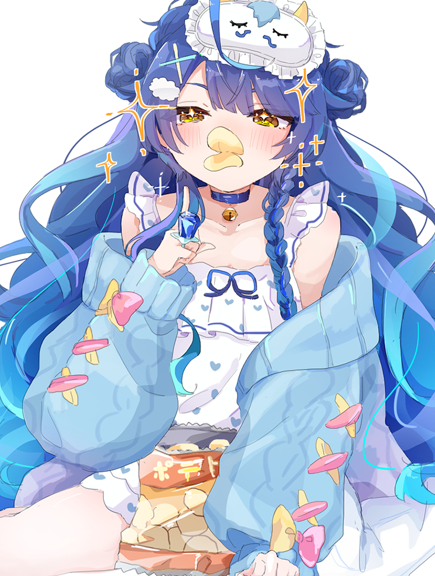 1girl, amamiya_kokoro, amamiya_kokoro_(6th_costume), bag_of_chips, bell, blue_hair, blush, chips_(food)