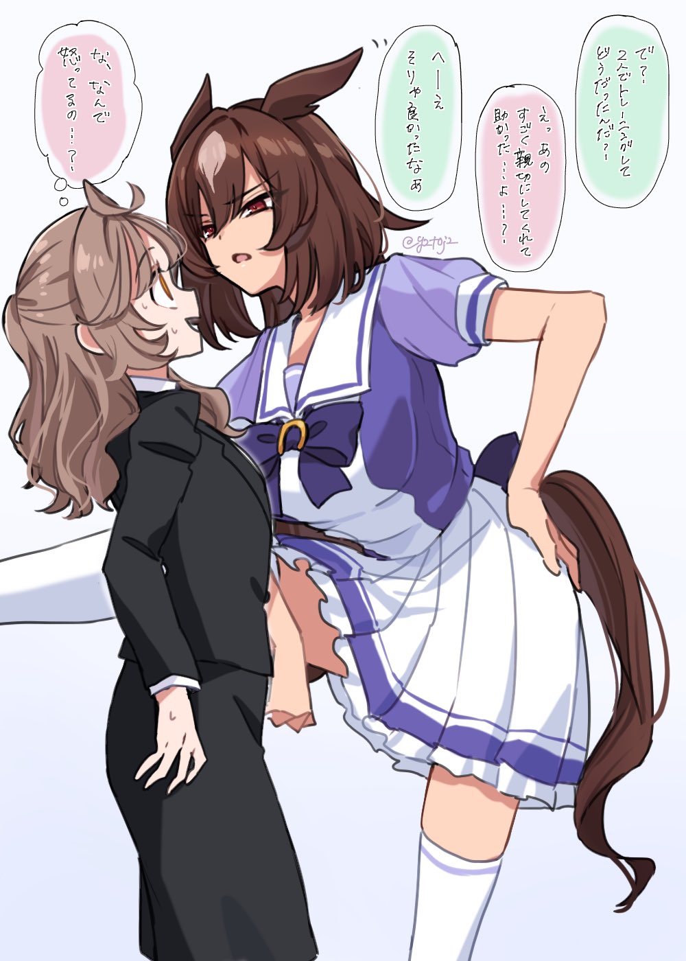 2girls, ahoge, animal_ears, black_jacket, black_skirt, breasts, eye_contact, female_trainer_(umamusume)