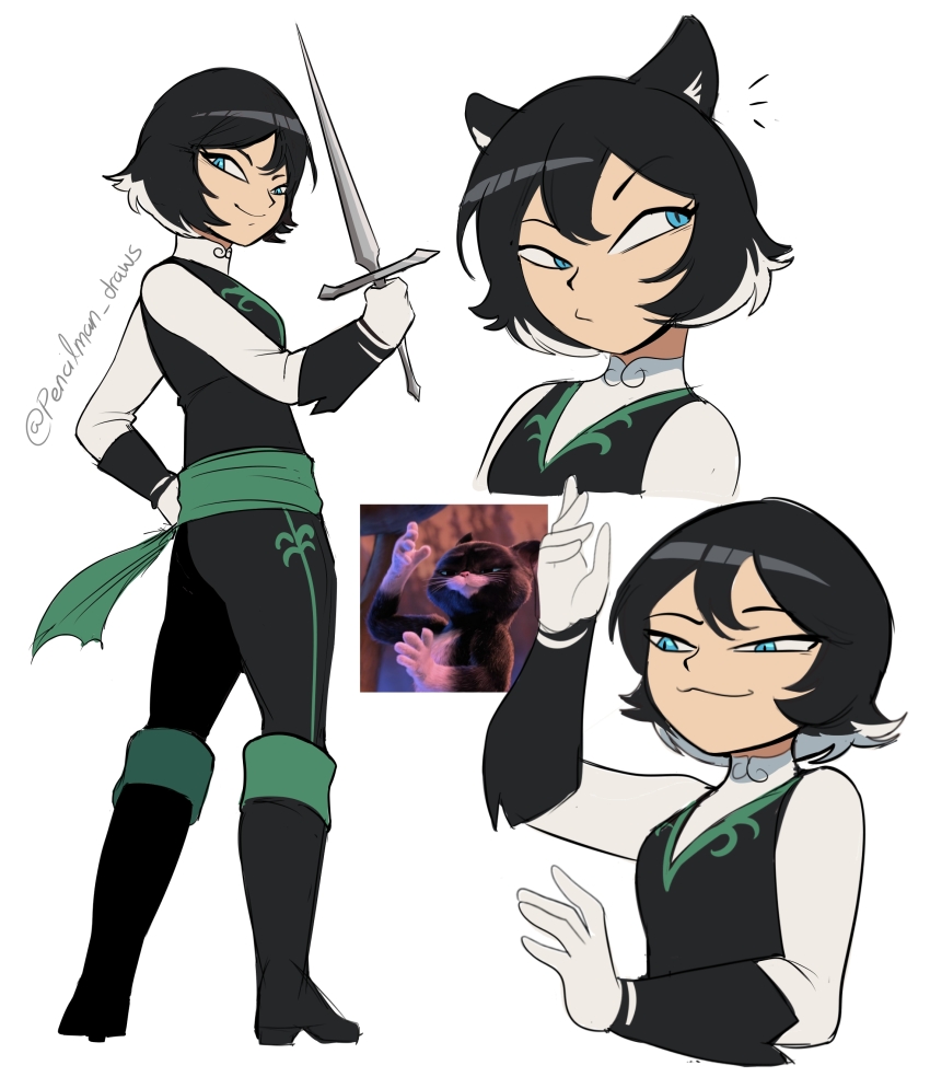 1girl, :3, absurdres, animal_ears, black_hair, black_pants, blue_eyes, boots