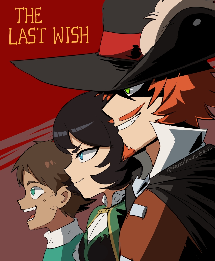 1girl, 2boys, absurdres, black_cape, black_hair, blue_eyes, brown_hair, cape