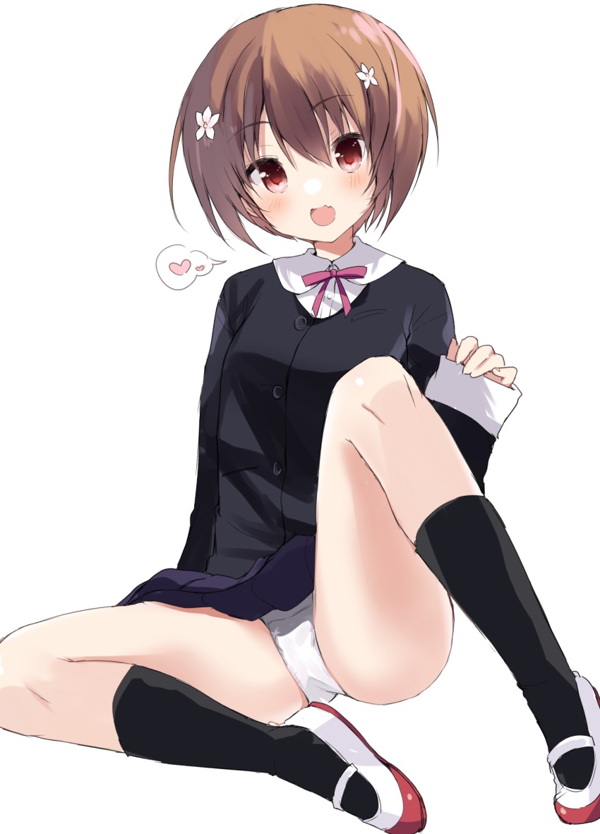 1girl, :d, arm_at_side, black_jacket, black_socks, blush, brown_hair, clothes_lift