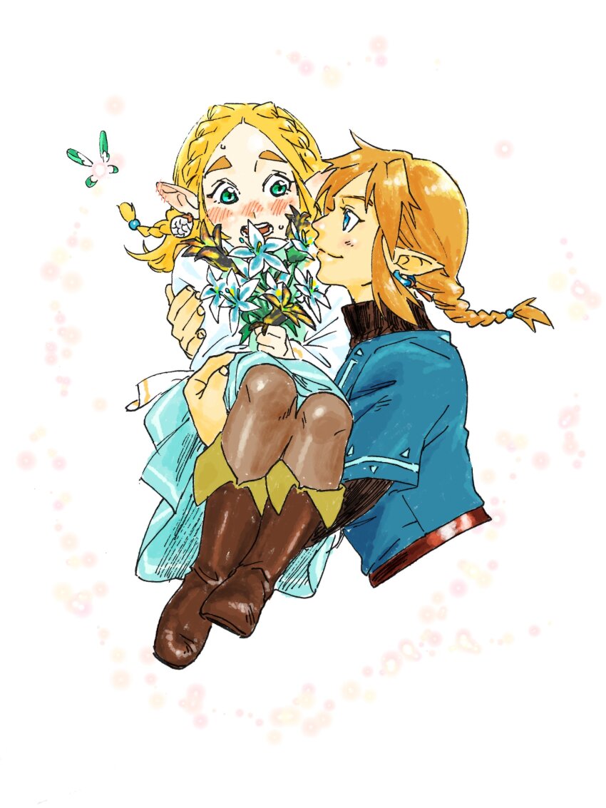 1boy, 1girl, absurdres, blue_eyes, blue_shirt, blush, bouquet, braid