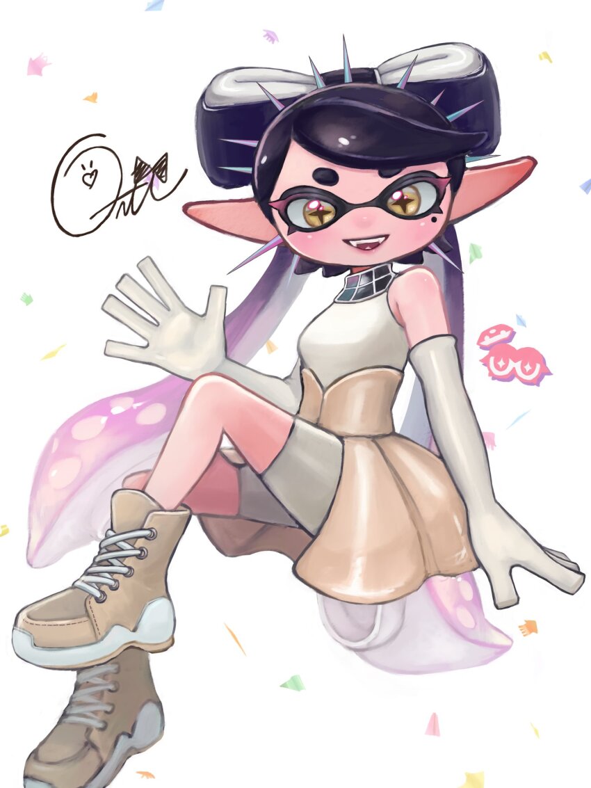 1girl, :d, bare_shoulders, black_hair, bodysuit, bow-shaped_hair, brown_shoes, callie_(grand_festival)_(splatoon), callie_(splatoon), elbow_gloves, fangs, gloves, gradient_hair, hand_up, highres, inkling, long_hair, long_pointy_ears, looking_at_viewer, mole, mole_under_eye, multicolored_hair, nintendo, oekakirisuke, official_alternate_costume, open_mouth, overskirt, pink_hair, pointy_ears, shoes, short_eyebrows, sitting, sleeveless, sleeveless_bodysuit, smile, sneakers, solo, splatoon_(series), splatoon_3, teeth, tentacle_hair, two-tone_hair, white_background, white_bodysuit, white_gloves, white_hair, yellow_eyes
