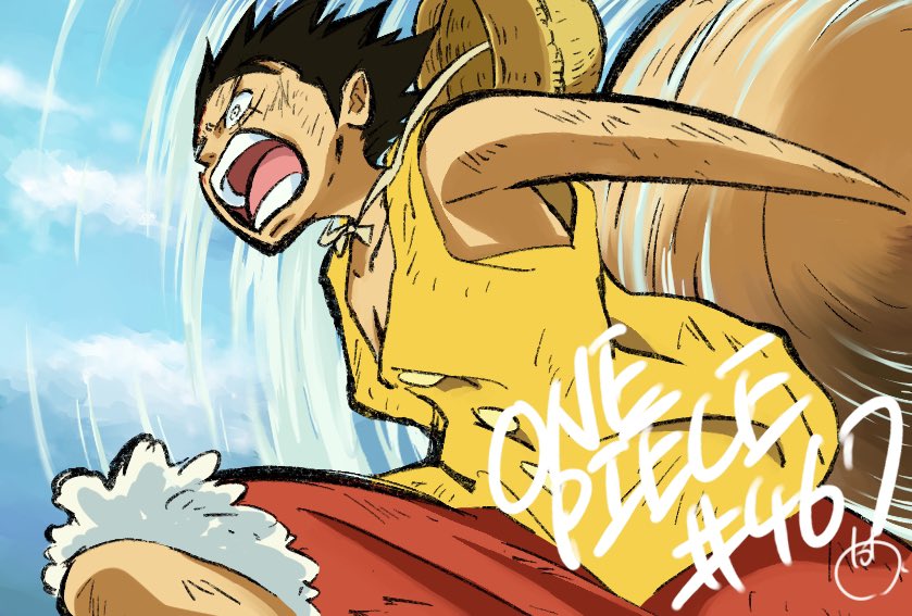 1boy, black_hair, cloud, commentary_request, copyright_name, hat, incoming_attack, looking_ahead, male_focus, monkey_d._luffy, one_piece, open_mouth, red_shorts, scar, scar_on_face, shirt, short_hair, shorts, sky, sleeveless, solo, straw_hat, tatman, yellow_shirt