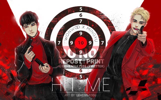 2boys, black_hair, black_jacket, black_necktie, black_shirt, blonde_hair, commentary, cowboy_shot, dutch_angle, english_commentary, gehenna1986, gun, holding, holding_gun, holding_weapon, jacket, k-pop, looking_at_viewer, male_focus, mingyu, multiple_boys, necktie, real_life, red_hair, red_sweater, shirt, smile, sweater, target, twitter_username, weapon, wonwoo