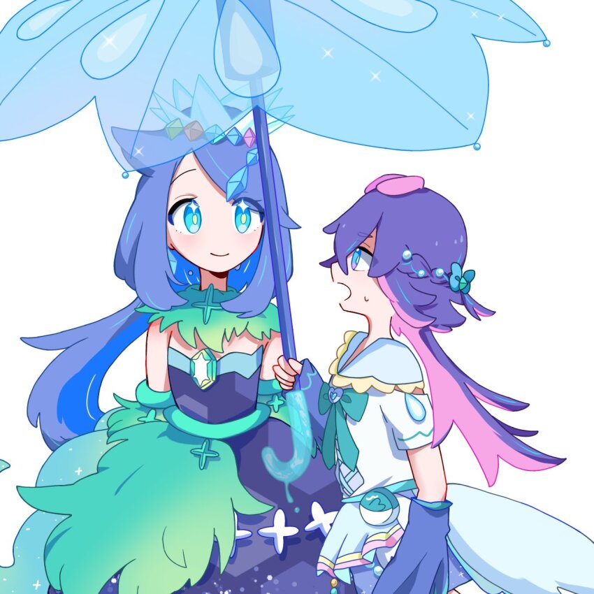 2girls, blue_eyes, blush, boots, bow, closed_mouth, cosplay, crown