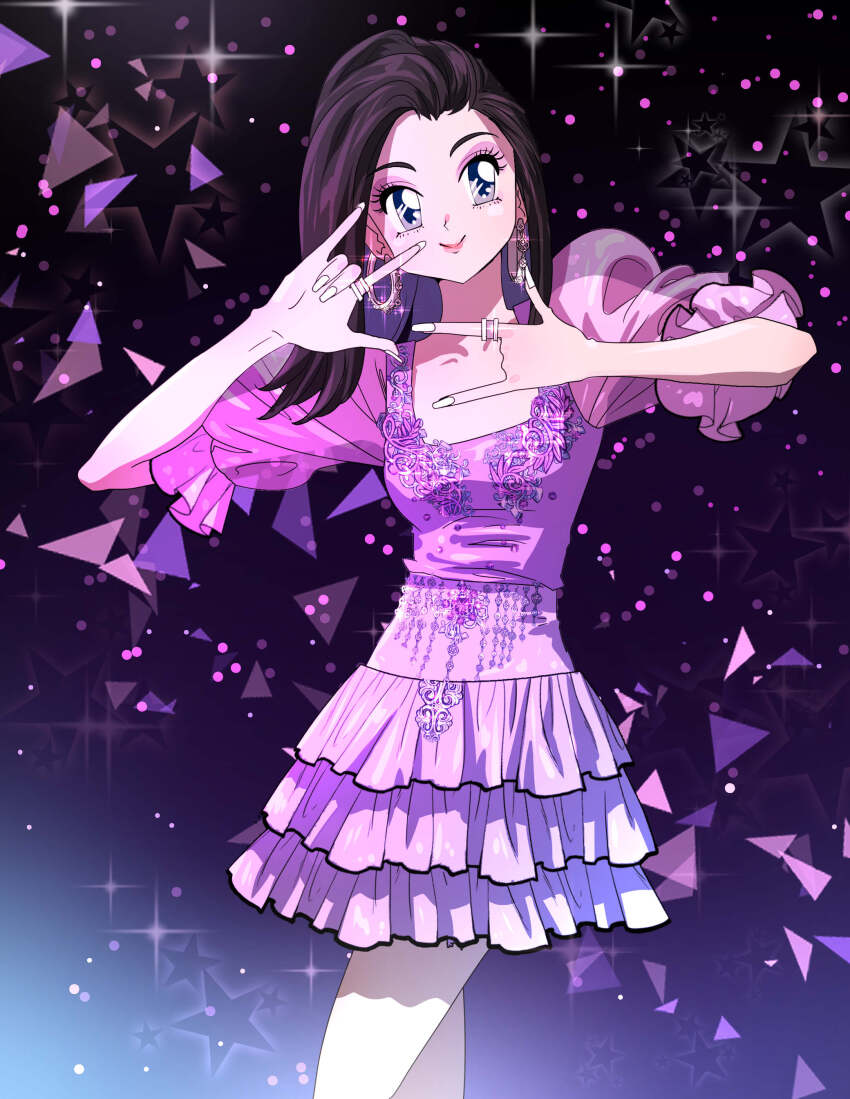 1girl, 3llryf3c2iwltn3, absurdres, brown_hair, commentary_request, cowboy_shot, dress, earrings