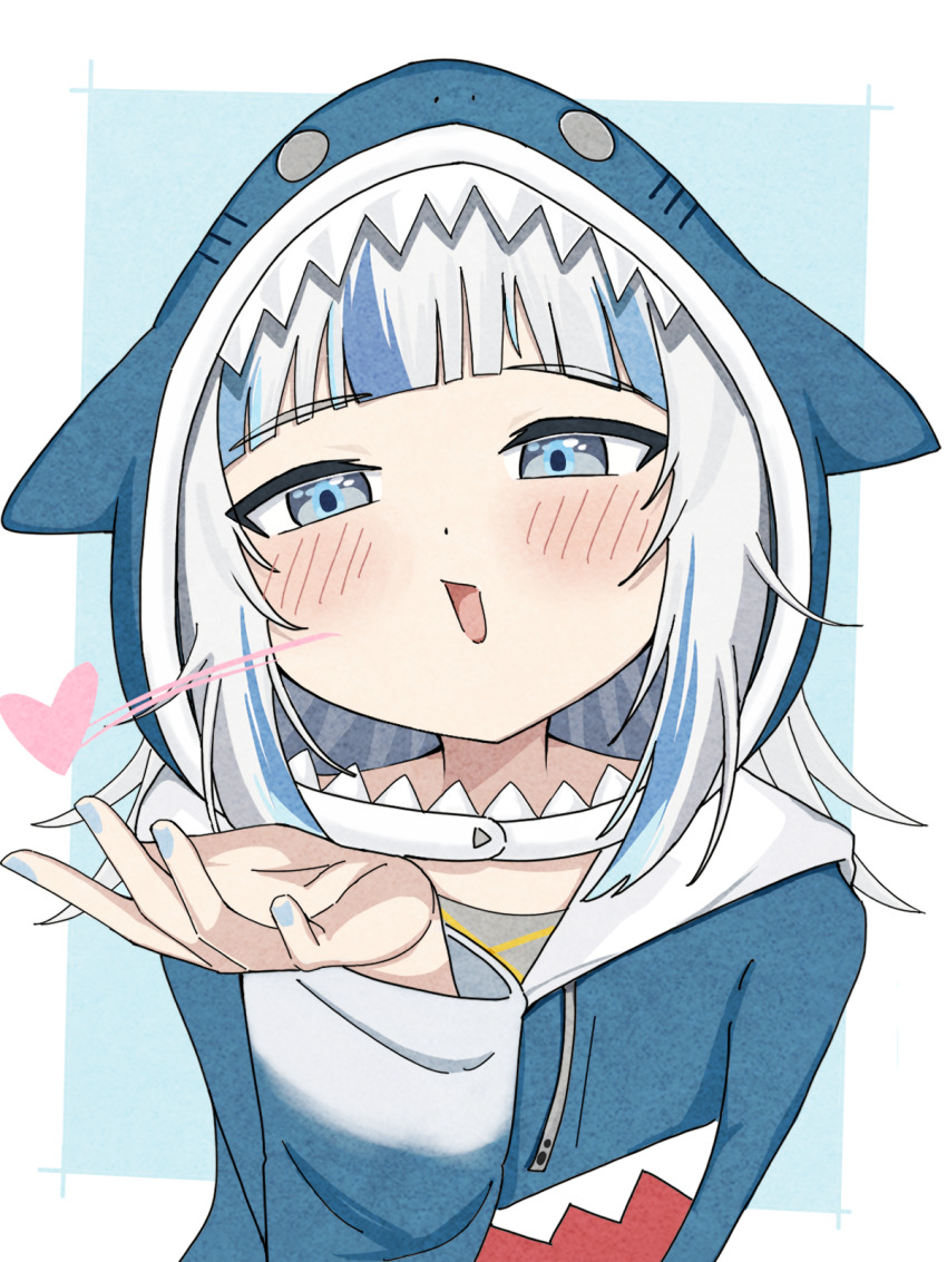 1girl, animal_costume, animal_hood, blowing_kiss, blue_background, blue_eyes, blue_hair, blue_hoodie
