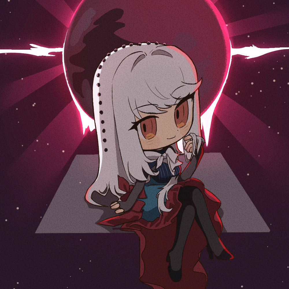 1girl, arm_support, backlighting, black_footwear, black_pantyhose, black_shirt, chibi, crossed_legs