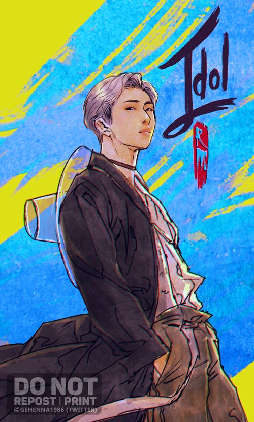 1boy, artist_name, bangtan_boys, blue_background, brown_pants, closed_mouth, commentary_request, dutch_angle, frilled_shirt, frills, gehenna1986, green_background, hands_in_pockets, hat, k-pop, looking_at_viewer, male_focus, pants, real_life, rm_(bts), shirt, short_hair, solo, song_name, twitter_username