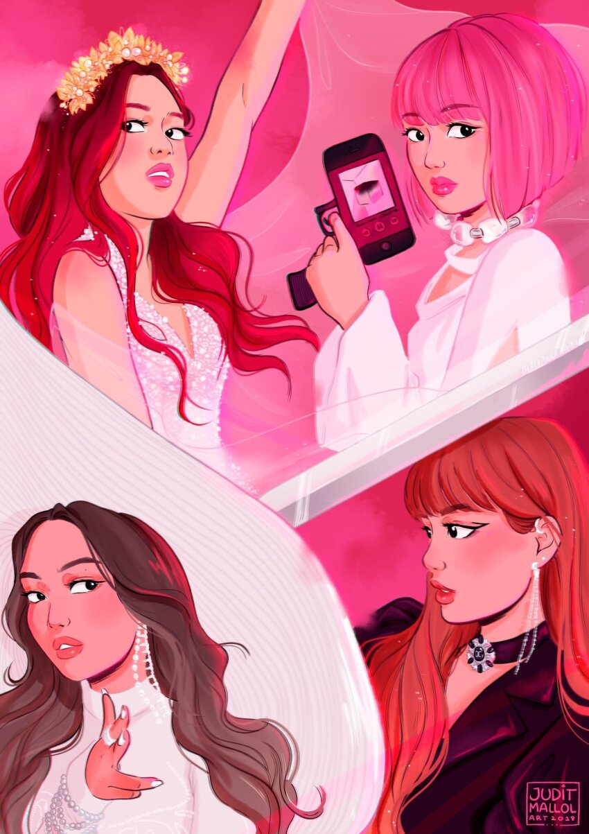 4girls, black_jacket, blackpink, blunt_bangs, bob_cut, brown_hair, choker, commentary