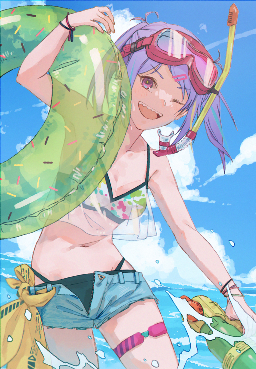 1girl, bikini, blue_sky, breasts, cloud, cloudy_sky, collarbone, denim, denim_shorts, diving_mask, goggles, heaven_burns_red, highres, ishii_iroha, medium_breasts, multicolored_hair, navel, ocean, purple_eyes, purple_hair, sharp_teeth, shorts, sky, solo, streaked_hair, swim_ring, swimsuit, teeth, wbon