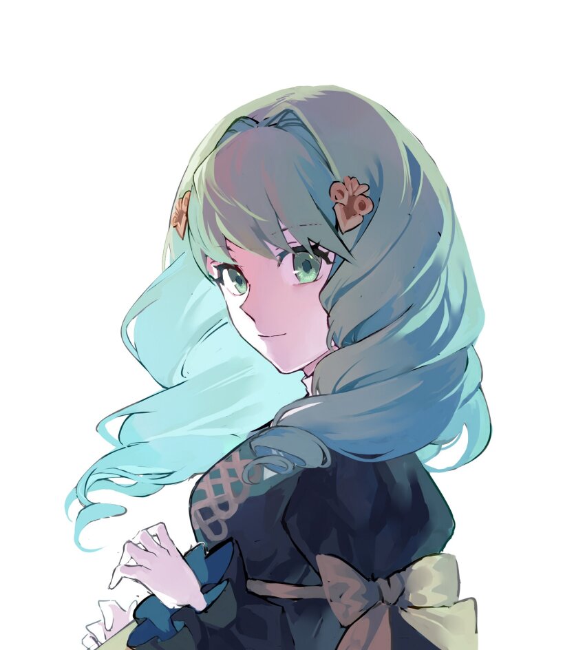 1girl, black_dress, bow, closed_mouth, dress, dress_bow, drill_hair, fire_emblem