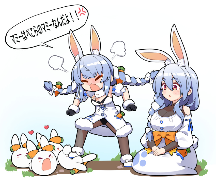 2girls, animal_ears, black_gloves, blue_hair, blush, braid, closed_eyes, commentary_request, detached_sleeves, don-chan_(usada_pekora), dress, fur-trimmed_gloves, fur_trim, gloves, hair_over_shoulder, heart, hololive, jb_jagbung, looking_at_viewer, mature_female, mother_and_child, mother_and_daughter, multiple_girls, open_mouth, parent_and_child, pekomama, pekomon_(usada_pekora), rabbit_ears, rabbit_girl, rabbit_tail, red_eyes, tail, translation_request, twin_braids, usada_pekora, usada_pekora_(1st_costume), virtual_youtuber, white_dress, white_hair, white_sleeves