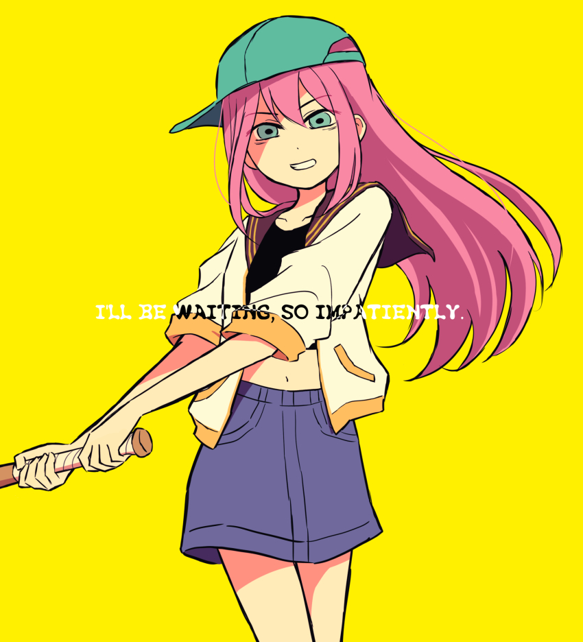 1girl, alternate_costume, aubrey_(faraway)_(omori), aubrey_(omori), baseball_bat, baseball_cap, blue_eyes, collarbone