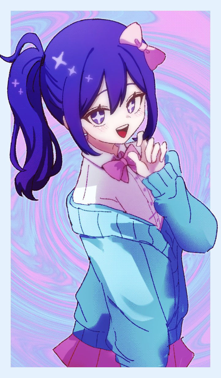 +_+, 1girl, alternate_costume, alternate_hairstyle, aubrey_(headspace)_(omori), aubrey_(omori), blue_cardigan, bow