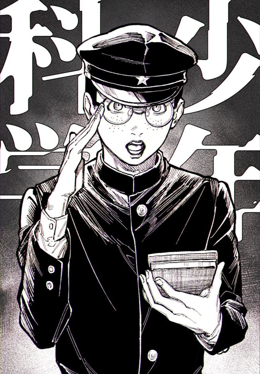 1boy, adjusting_eyewear, arm_up, black_hat, black_jacket, book, buttoned_cuffs, buttons